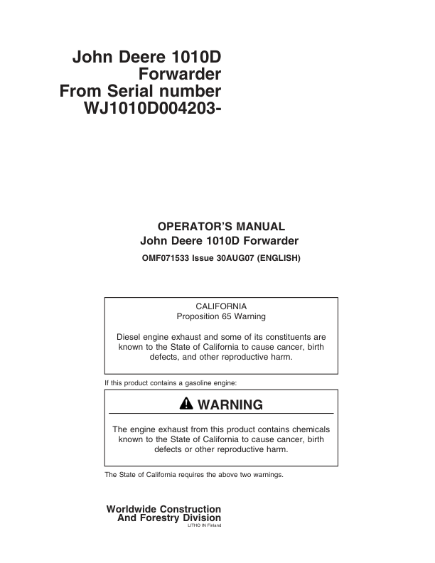 John Deere 1010D Forwarders Operator’s Manuals (F071533) Workshop Guide