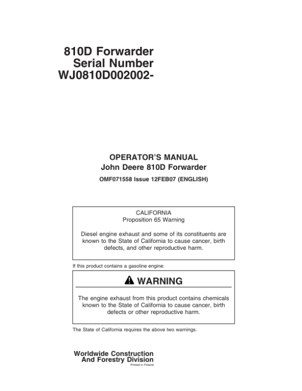 John Deere 810D Forwarders Operator’s Manuals (F071558) Workshop Guide