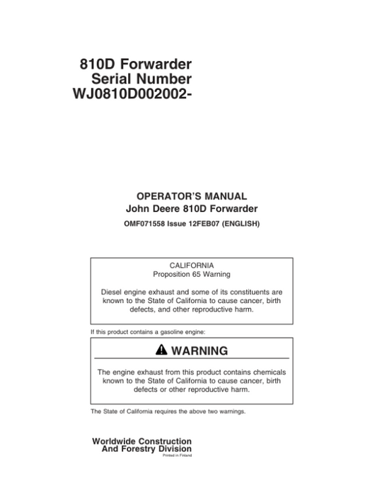 John Deere 810D Forwarders Operator’s Manuals (F071558) Workshop Guide