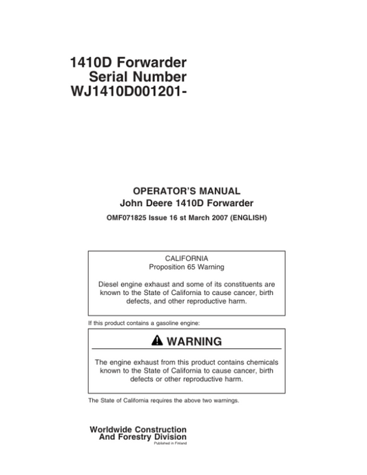 John Deere 1410D Forwarders Operator’s Manuals (F071825) Workshop Guide