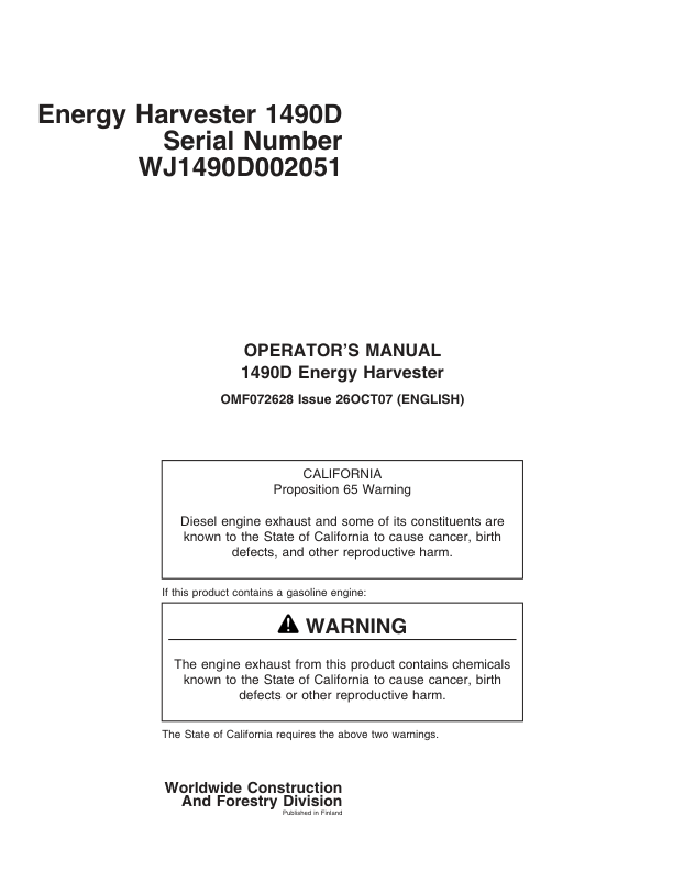 John Deere 1490D Forwarders Operator’s Manuals (F072628) Workshop Guide