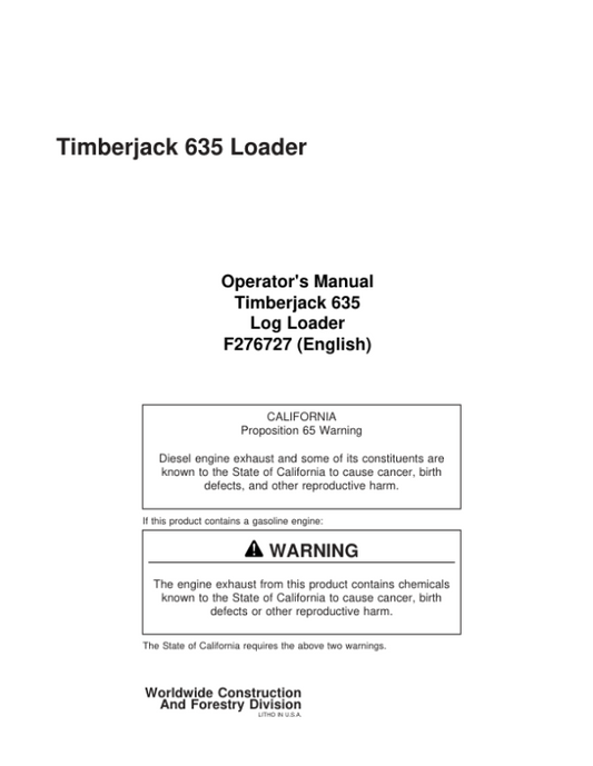 John Deere 635 Knuckleboom Loader Operator’s Manuals (F276727) Workshop Guide