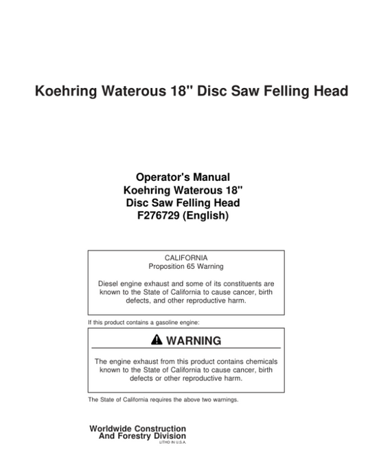 John Deere 18 INCH Dtt Disc Saw Felling Heads Operator’s Manuals (F276729) Workshop Guide