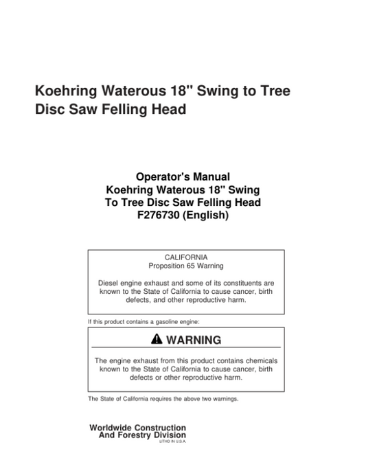 John Deere 18 INCH Stt Disc Saw Felling Heads Operator’s Manuals (F276730) Workshop Guide