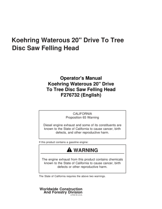 John Deere 20 INCH Dtt Disc Saw Felling Heads Operator’s Manuals (F276732) Workshop Guide
