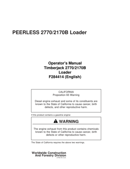 John Deere 2170, 2770 Knuckleboom Loader Operator’s Manuals (F284414) Workshop Guide