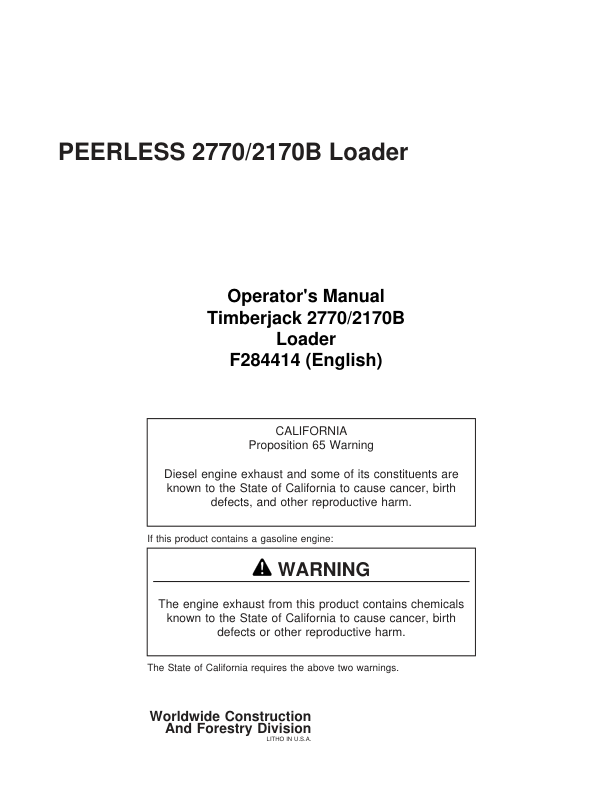 John Deere 2170, 2770 Knuckleboom Loader Operator’s Manuals (F284414) Workshop Guide