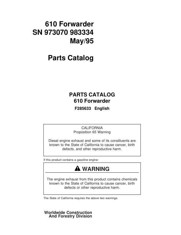 Timberjack 610 Forwarders (SN 973070 983334) Parts Catalog Manual – F285633 Workshop Guide