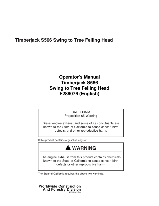 John Deere S566 Stt Disc Saw Felling Heads Operator’s Manuals (F288076) Workshop Guide