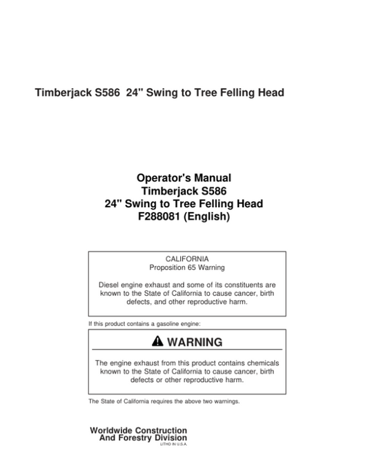 John Deere 24 INCH Stt Disc Saw Felling Heads Operator’s Manuals (F288081) Workshop Guide