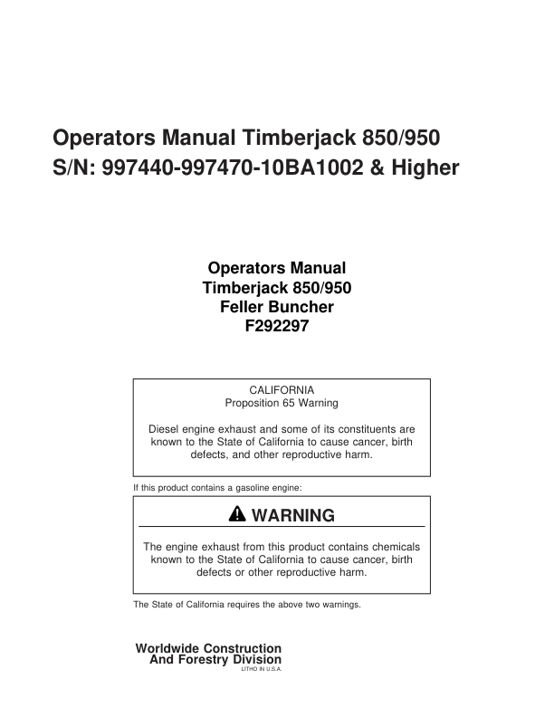 John Deere 850, 950 Tracked Feller Bunchers Operator’s Manuals (F292297) Workshop Guide