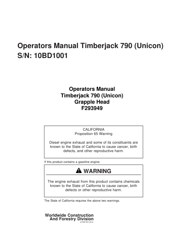 John Deere 790 Felling Heads Operator’s Manuals (F293949) Workshop Guide
