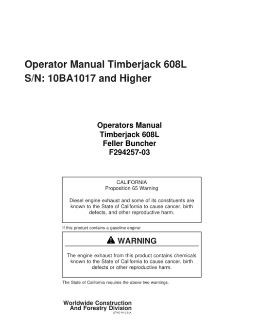John Deere 608L Tracked Feller Bunchers Operator’s Manuals (F294257) Workshop Guide