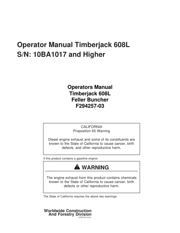 John Deere 608L Tracked Feller Bunchers Operator’s Manuals (F294257) Workshop Guide