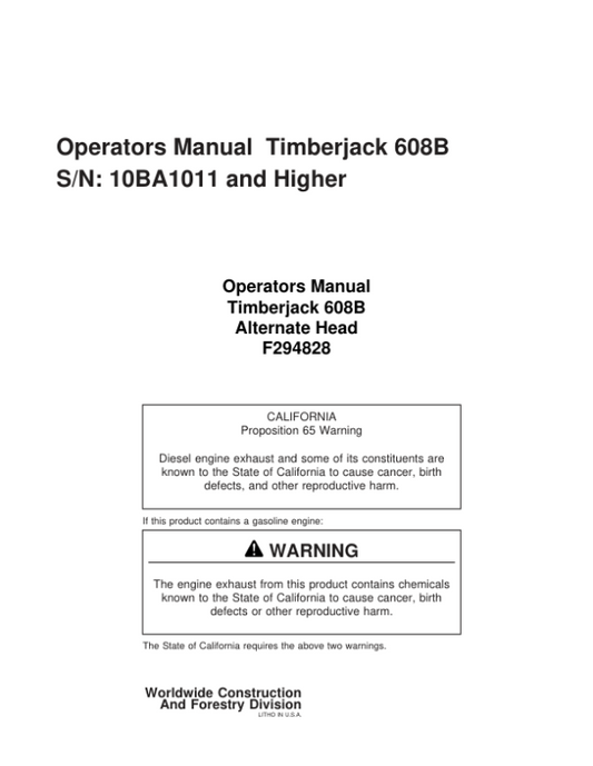 John Deere 608B Tracked Harvesters Operator’s Manuals (F294828) Workshop Guide