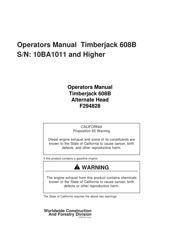 John Deere 608B Tracked Harvesters Operator’s Manuals (F294828) Workshop Guide
