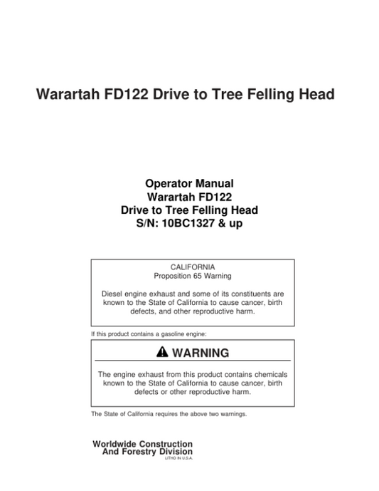 John Deere FD122 Dtt Disc Saw Felling Heads Operator’s Manuals (F295411) Workshop Guide