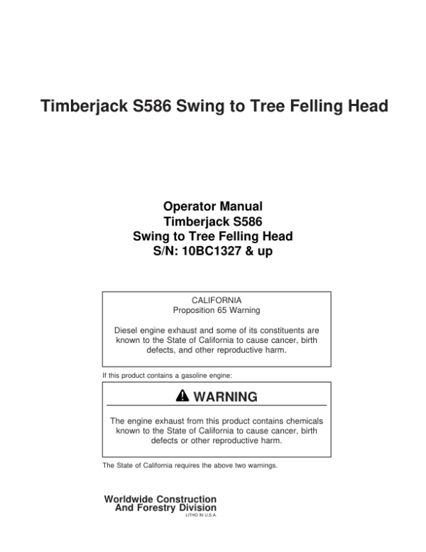 John Deere S586 Stt Disc Saw Felling Heads Operator’s Manuals (F295729) Workshop Guide