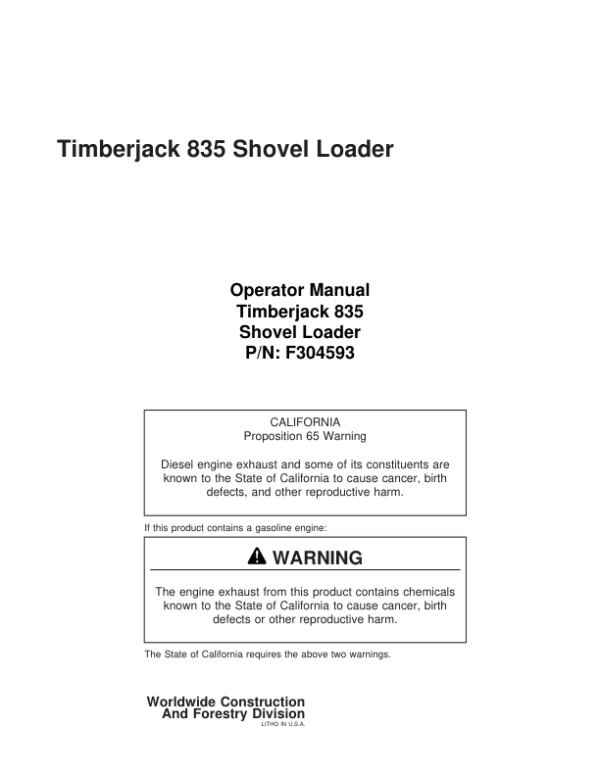 John Deere 835 Knuckleboom Loader Operator’s Manuals (F304593) Workshop Guide