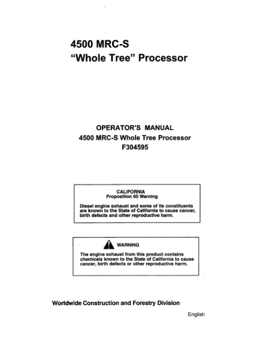 John Deere 4500 Delimbers Operator’s Manuals (F304595) Workshop Guide