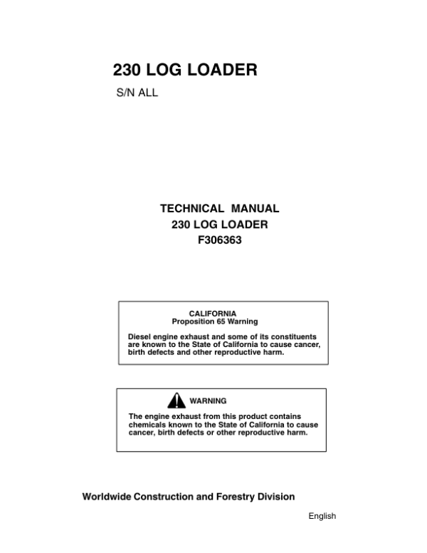 John Deere 230 Knuckleboom Loader Operator’s Manuals (F306363) Workshop Guide