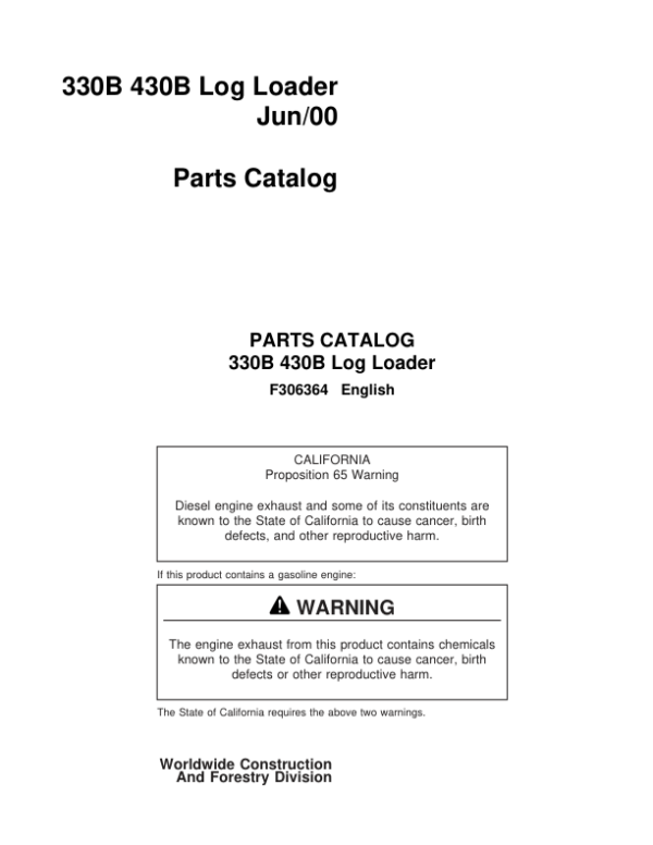 Timberjack 330B, 430B Knuckleboom Loader Parts Catalog Manual Workshop Guide