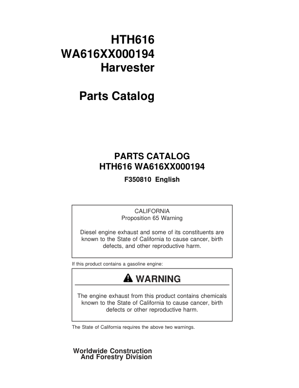 Waratah HTH616 Harvester (SN WA616XX000194) Parts Catalog Manual Workshop Guide