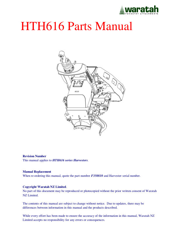 Waratah HTH616 Harvester (SN WA616XX000194) Parts Catalog Manual Workshop Guide