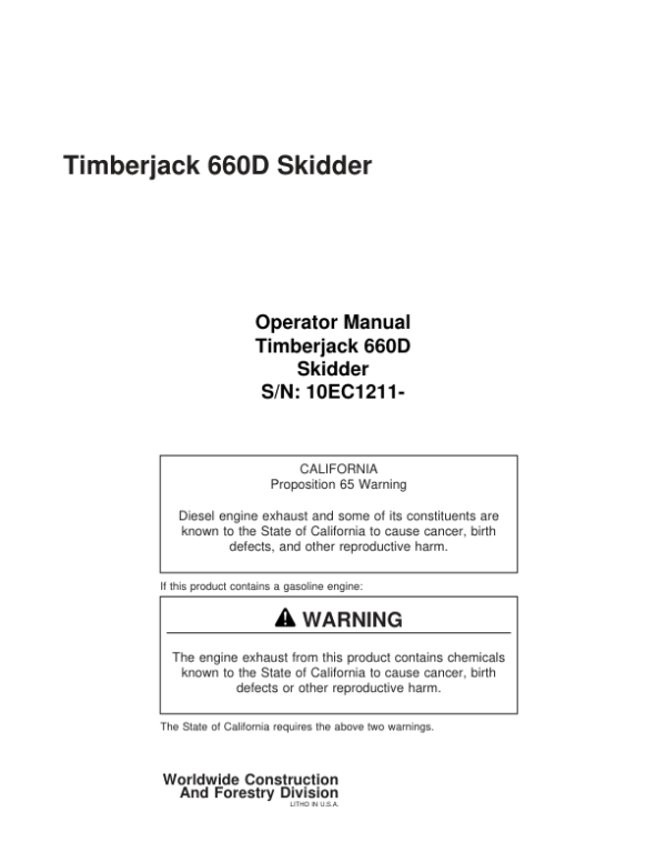 John Deere 660D Skidders Operator’s Manuals (F380157) Workshop Guide