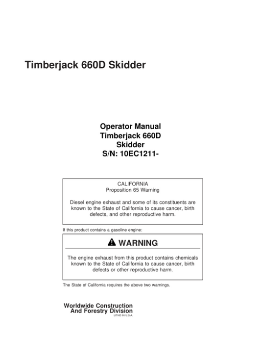 John Deere 660D Skidders Operator’s Manuals (F380157) Workshop Guide