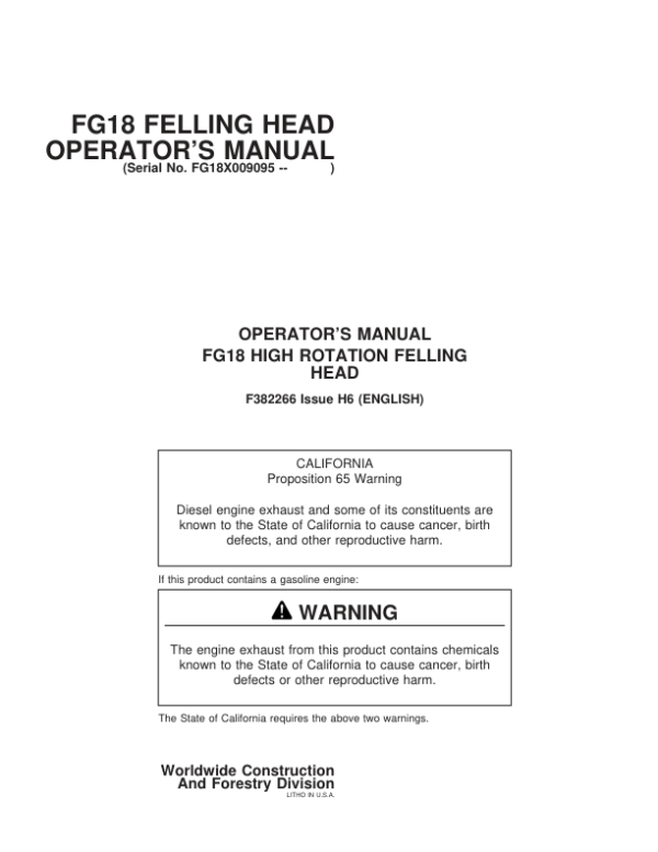 John Deere FG18 Tracked Feller Bunchers Operator’s Manuals (F382266) Workshop Guide