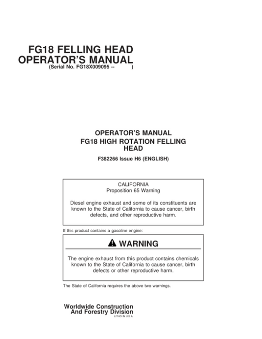 John Deere FG18 Tracked Feller Bunchers Operator’s Manuals (F382266) Workshop Guide