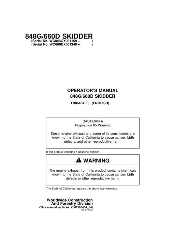 John Deere 848G, 660D Skidders Operator’s Manuals (F386464) Workshop Guide