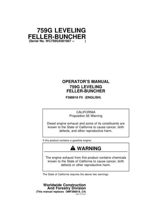 John Deere 759G Tracked Feller Bunchers Operator’s Manuals (F388818) Workshop Guide