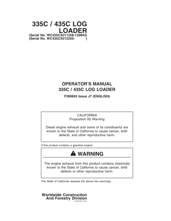 John Deere 335C, 435C Knuckleboom Loader Operator’s Manuals (F390693) Workshop Guide