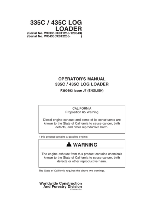 John Deere 335C, 435C Knuckleboom Loader Operator’s Manuals (F390693) Workshop Guide