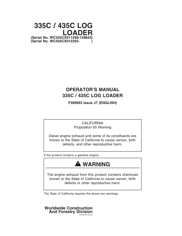 John Deere 335C, 435C Knuckleboom Loader Operator’s Manuals (F390693) Workshop Guide