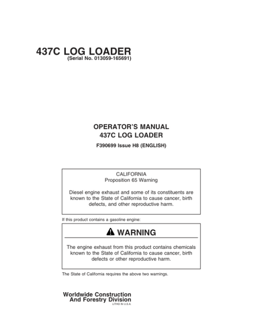 John Deere 437C Knuckleboom Loader Operator’s Manuals (F390699) Workshop Guide