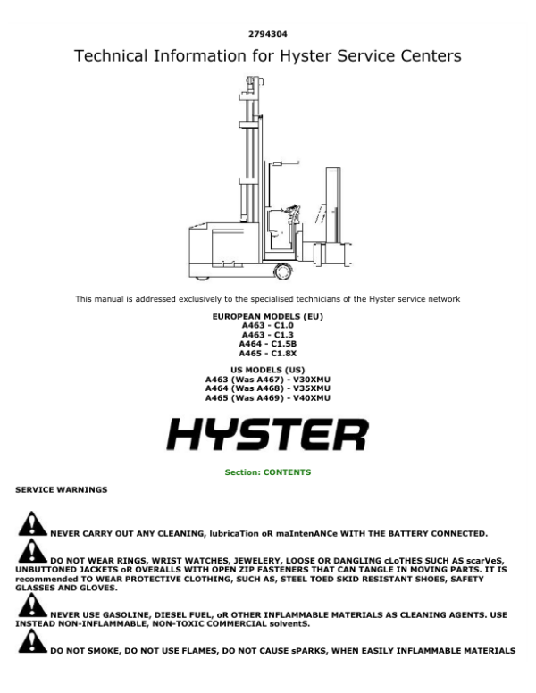 Hyster C1.8X, V40XMU Man-Up Turret Trucks A465 Series Repair Manual Workshop Guide