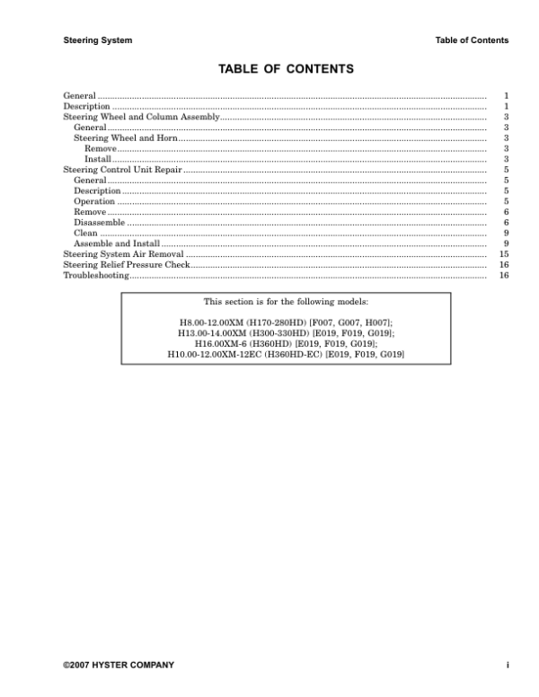 Hyster H1050HD-16CH, H1150HD-16CH Forklift Truck G117 Series Repair Manual (USA) Workshop Guide