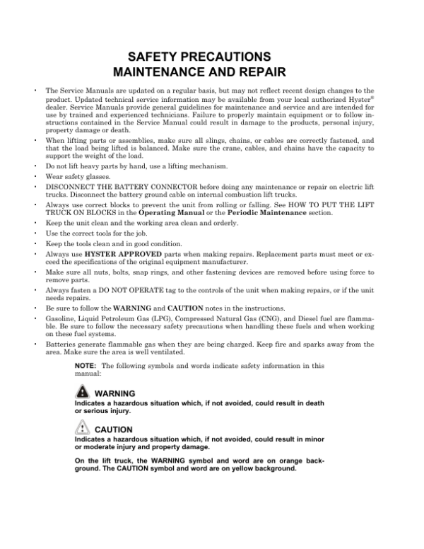 Hyster H1050HD-16CH, H1150HD-16CH Forklift Truck G117 Series Repair Manual Workshop Guide
