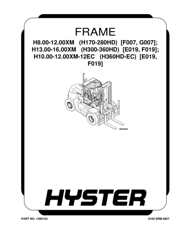 Hyster H300HD, H330HD, H360HD, H360HD-EC Forklift Truck F019 Series Repair Manual (USA) Workshop Guide