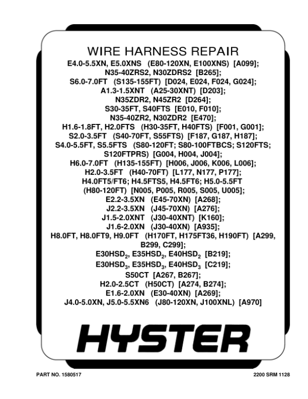 Hyster J1.6XN, J1.8XN, J2.0XN Electric Forklift Truck A935 Series Repair Manual (EU) Workshop Guide