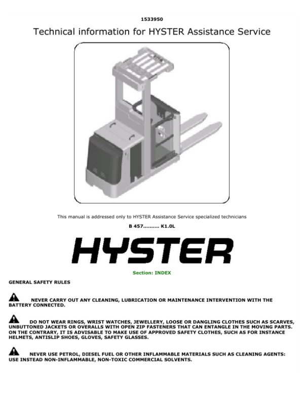 Hyster K1.0L Order Picker B457 Series Repair Manual Workshop Guide