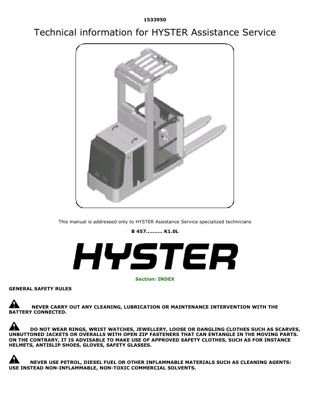 Hyster K1.0L Order Picker B457 Series Repair Manual Workshop Guide