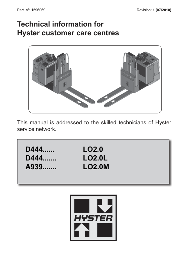 Hyster LO2.0 , LO2.0L Order Pickers D444 Series Repair Manual Workshop Guide