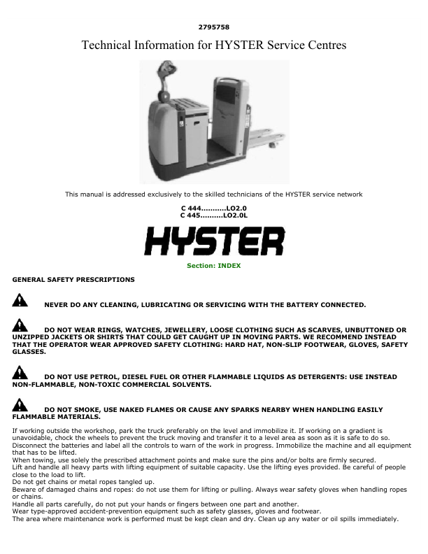 Hyster LO2.0L Order Pickers C445 Series Repair Manual Workshop Guide
