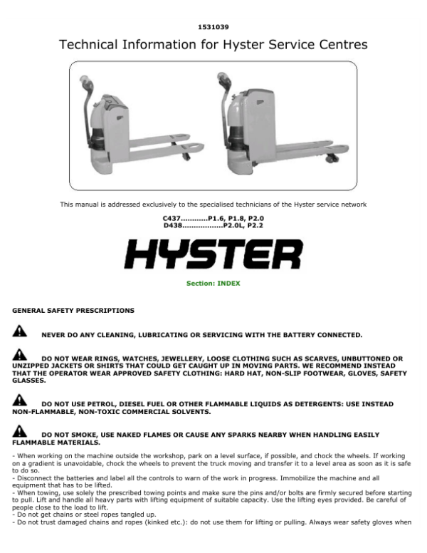 Hyster P2.0L, P2.2 Pallet Truck D438 Series Repair Manual Workshop Guide