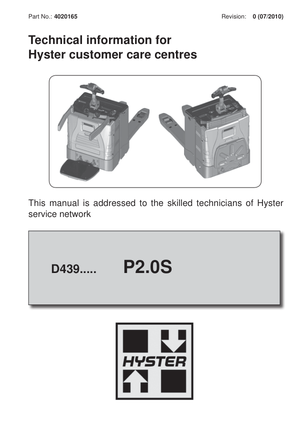 Hyster P2.0S Electric Pedestrian Stacker D439 Series Repair Manual Workshop Guide