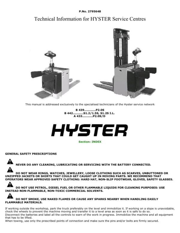 Hyster P2.0SD Pallet Stacker A433 Series Repair Manual Workshop Guide